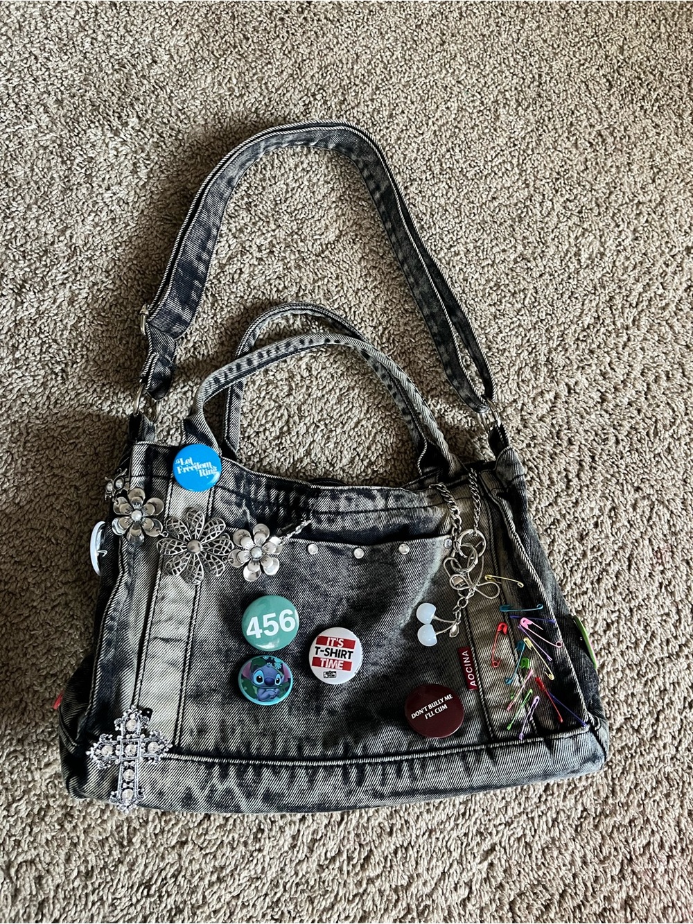 Gray Denim-Style Junk Bag with Charms